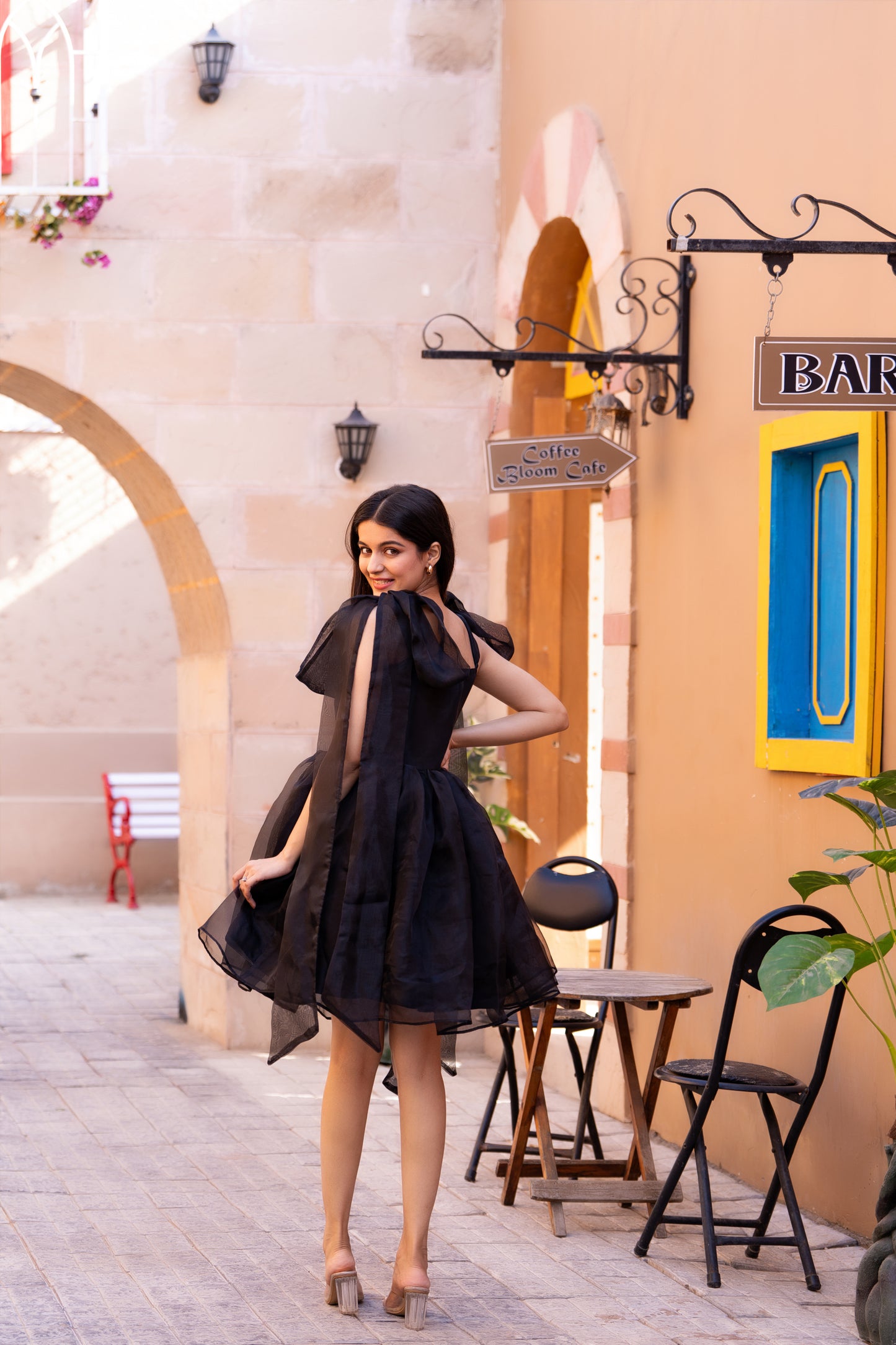 Black Organza Tie-up Sleeves Dress