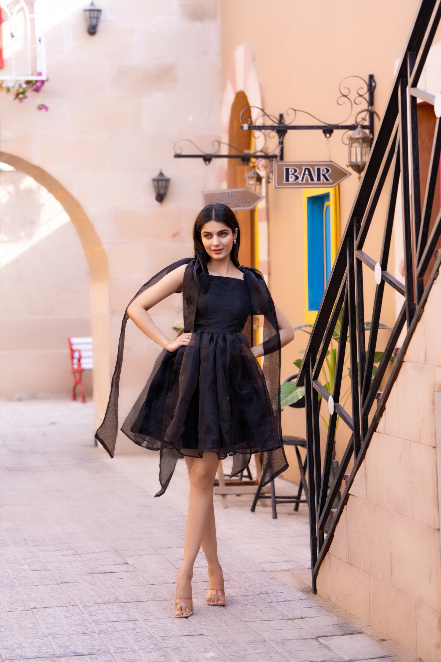 Black Organza Tie-up Sleeves Dress