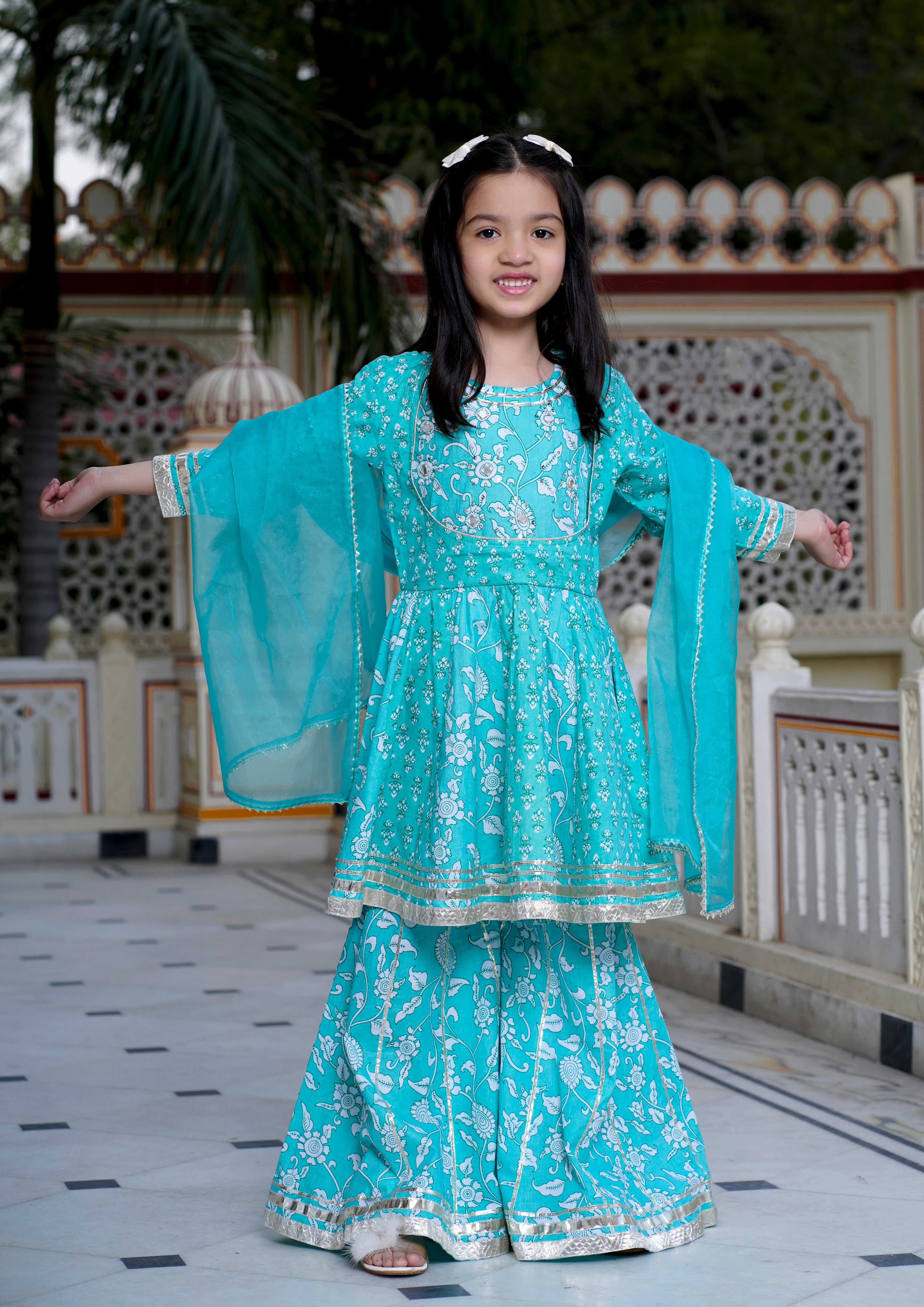 Turquoise Mirror 3-pc Kurti, Sharara  & Dupatta Set for Girls