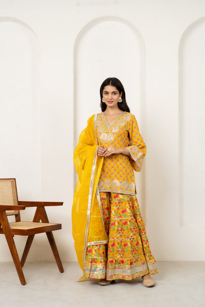 Yellow Orchid Floral & Mirror Work Kurta, Sharara and Dupatta Set