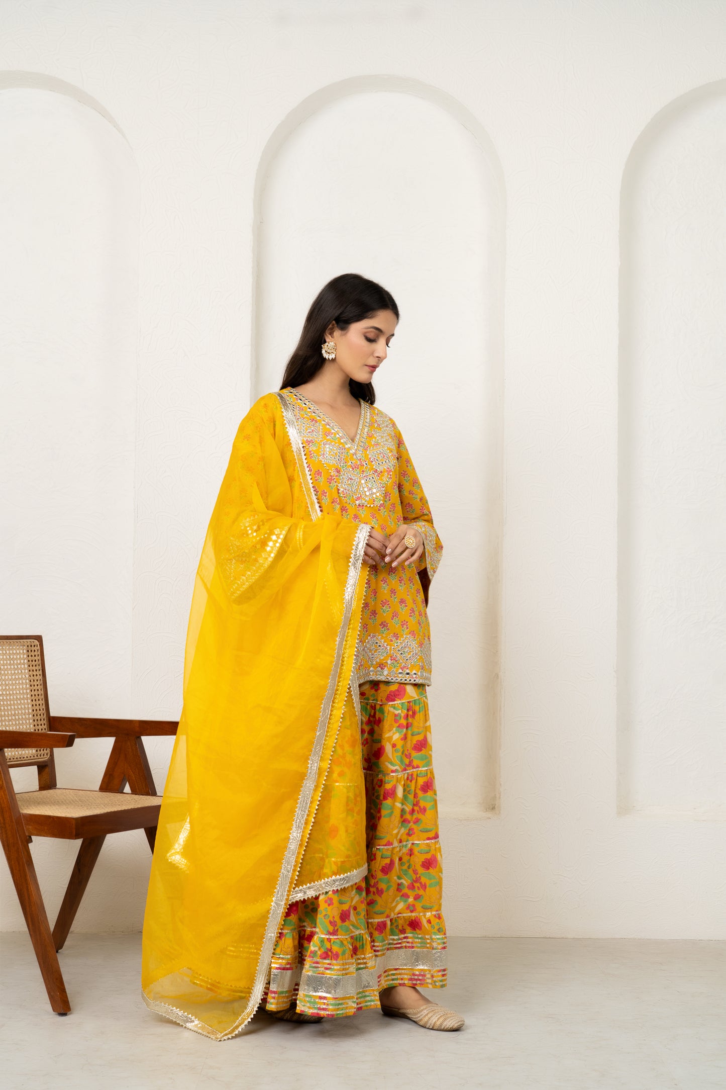 Yellow Orchid Floral & Mirror Work Kurta, Sharara and Dupatta Set