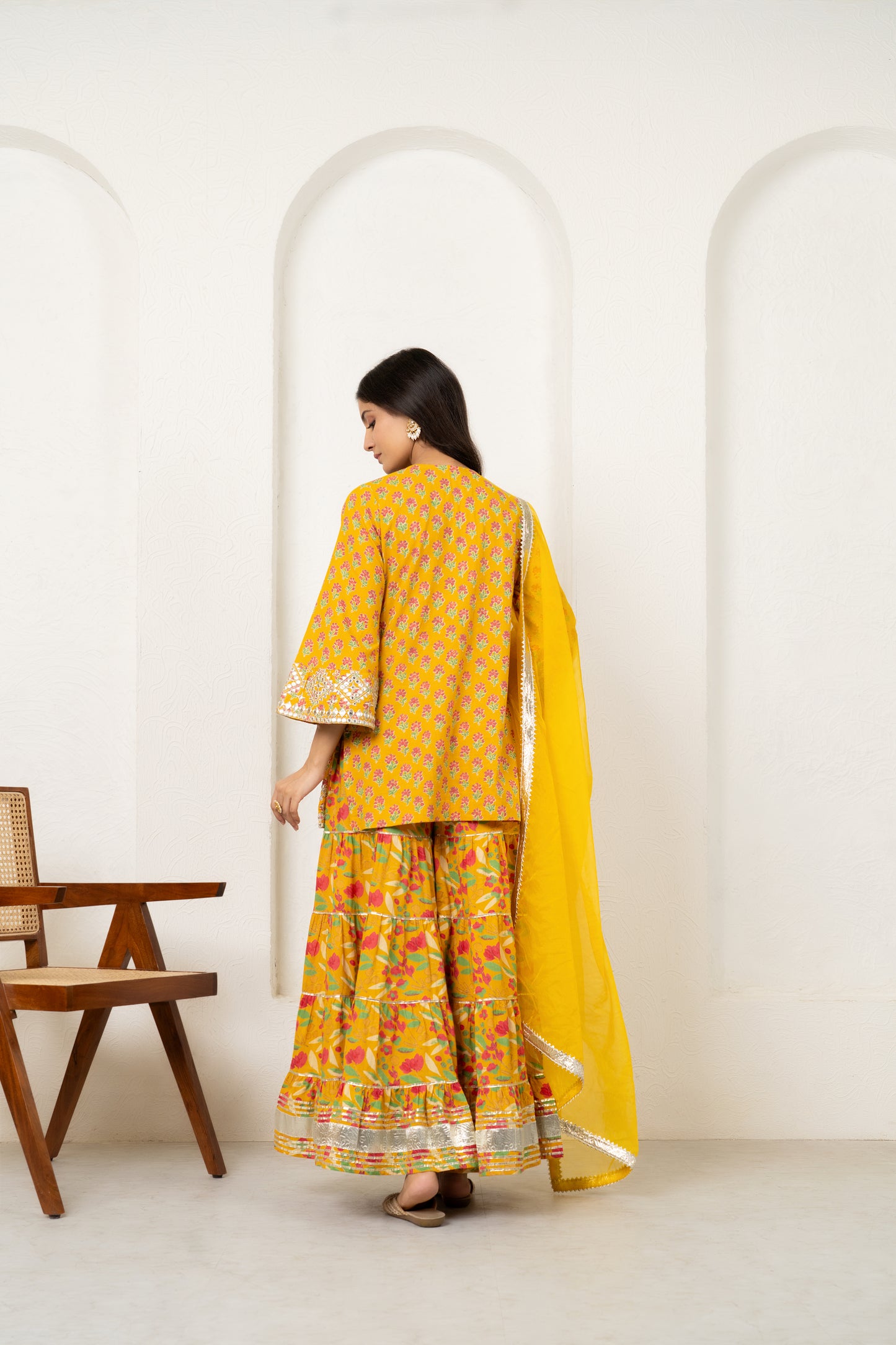 Yellow Orchid Floral & Mirror Work Kurta, Sharara and Dupatta Set