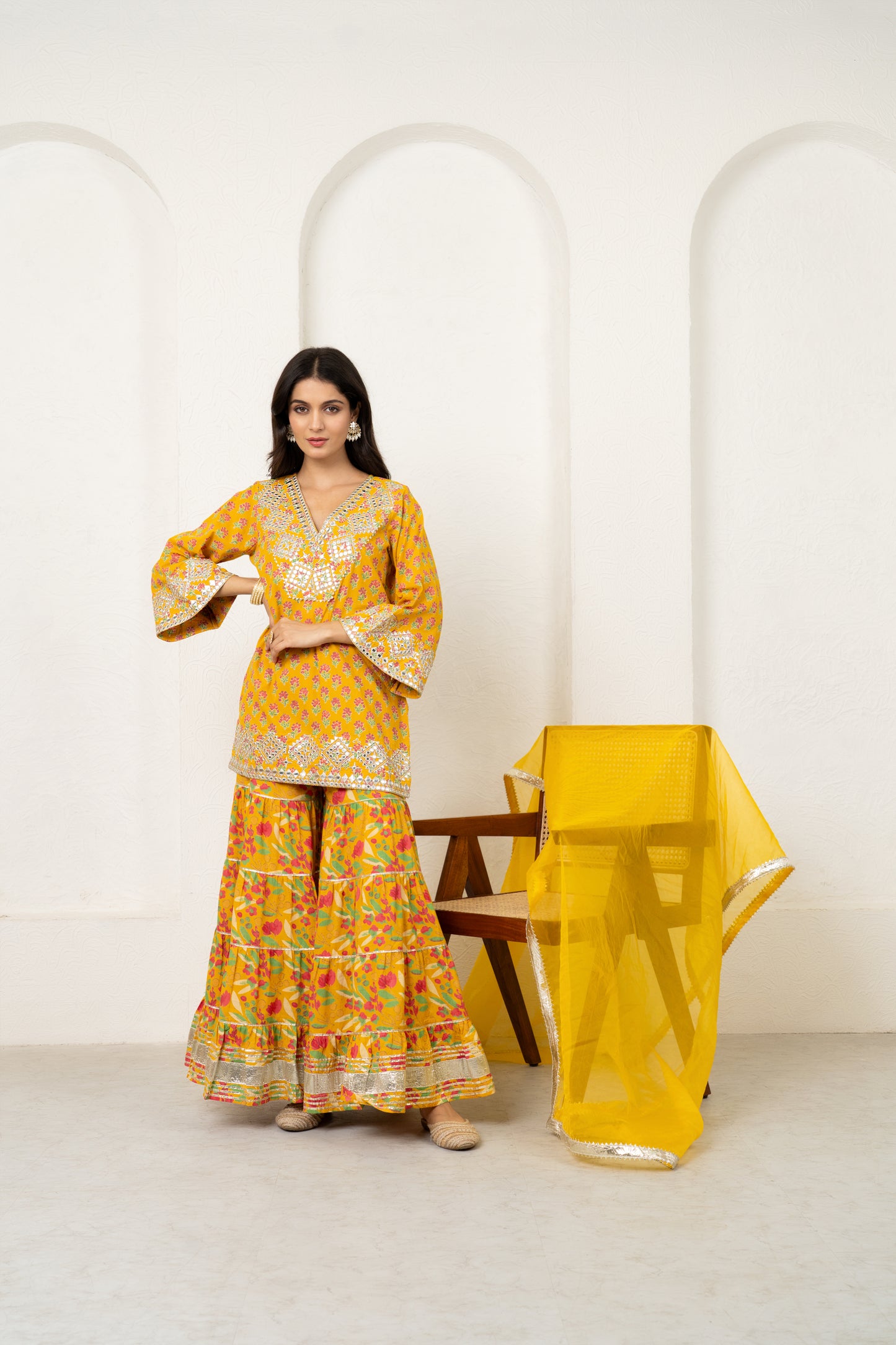 Yellow Orchid Floral & Mirror Work Kurta, Sharara and Dupatta Set