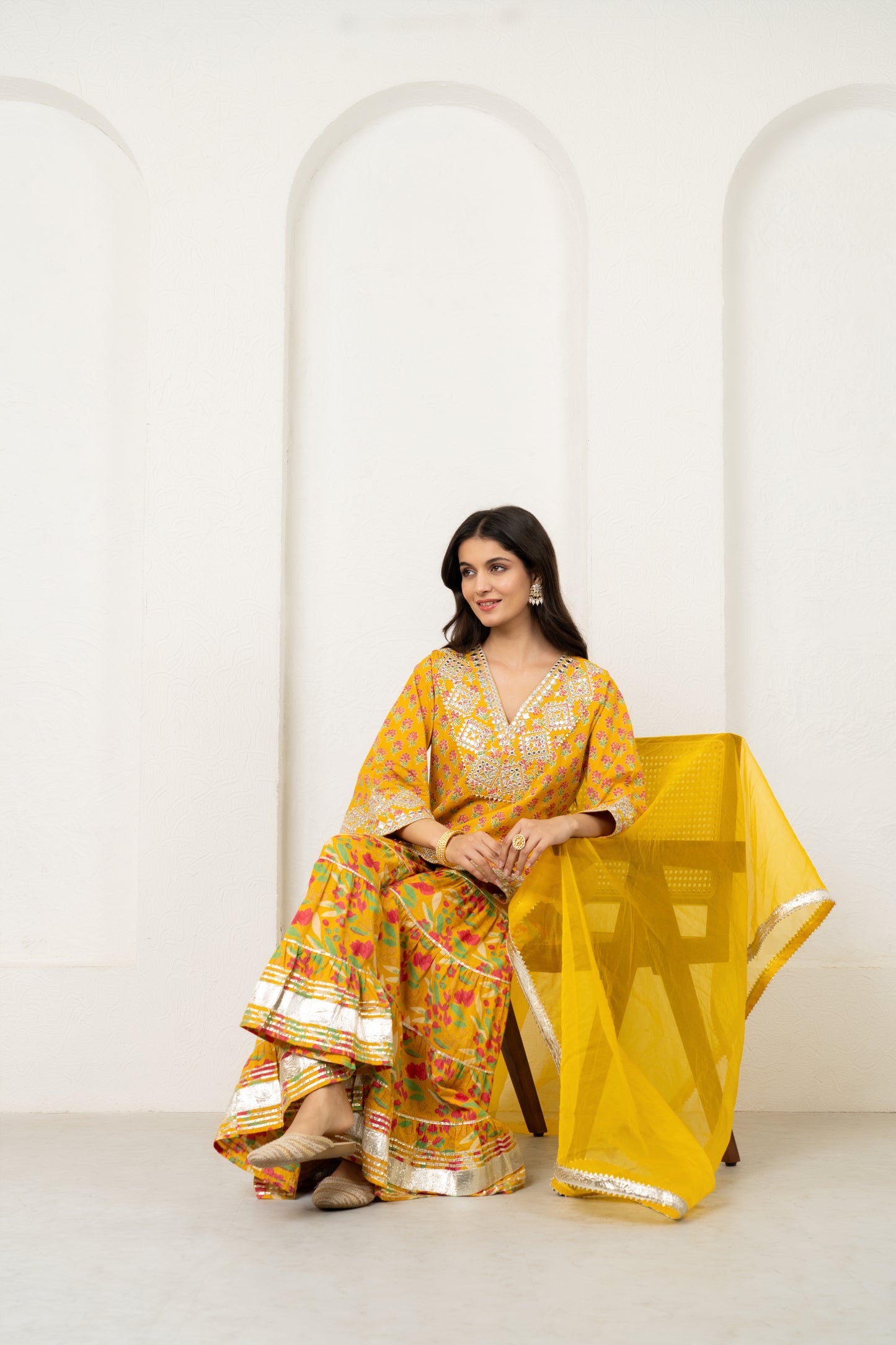 Yellow Orchid Floral & Mirror Work Kurta, Sharara and Dupatta Set