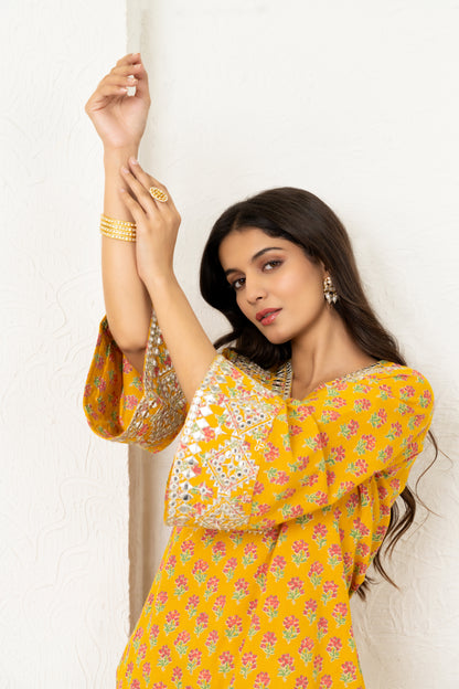 Yellow Orchid Floral & Mirror Work Kurta, Sharara and Dupatta Set