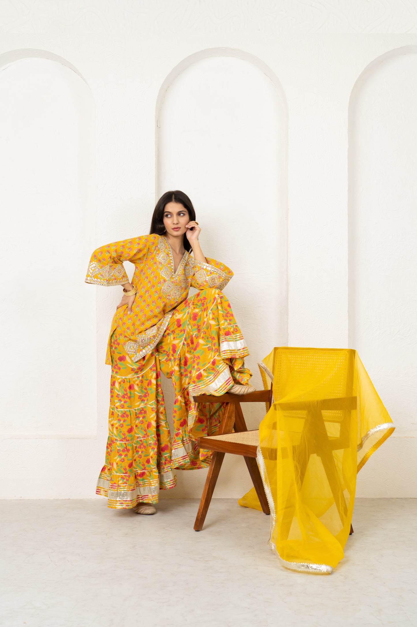 Yellow Orchid Floral & Mirror Work Kurta, Sharara and Dupatta Set