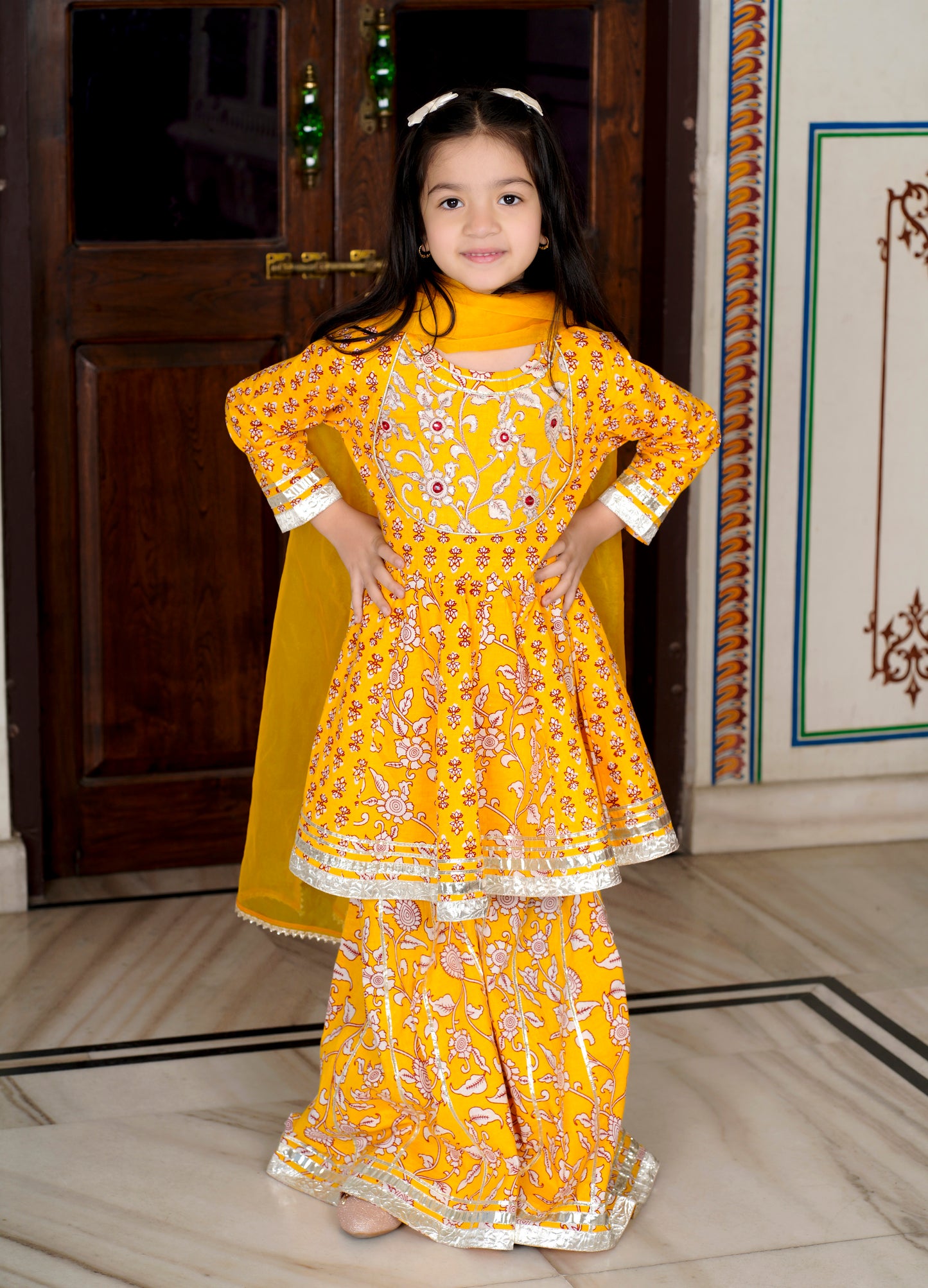 Yellow Mirror 3-pc Kurti, Sharara  & Dupatta Set for Girls