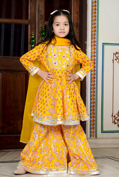 Yellow Mirror 3-pc Kurti, Sharara  & Dupatta Set for Girls