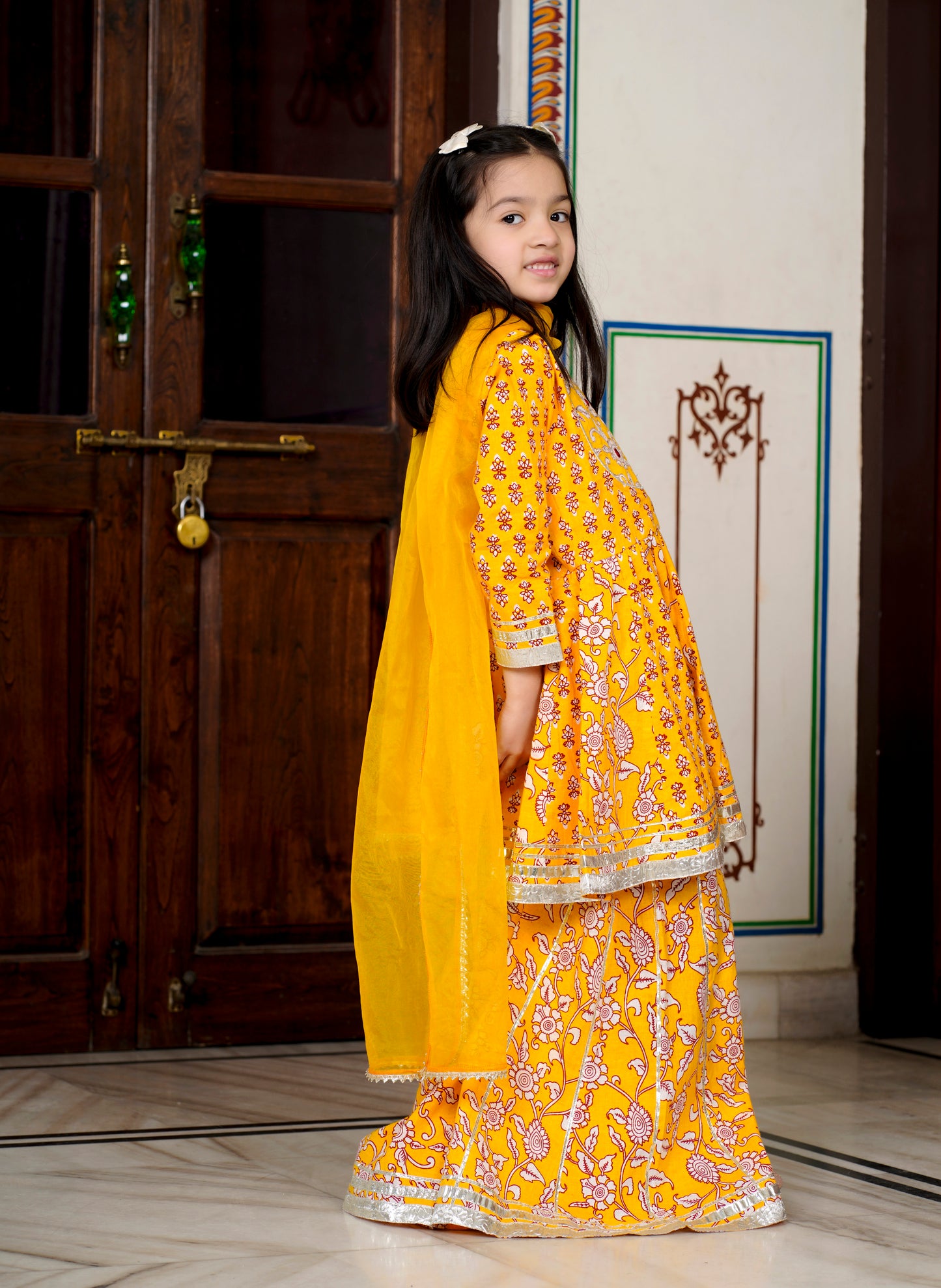 Yellow Mirror 3-pc Kurti, Sharara  & Dupatta Set for Girls