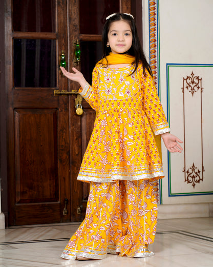 Yellow Mirror 3-pc Kurti, Sharara  & Dupatta Set for Girls