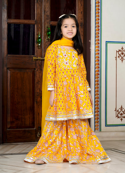 Yellow Mirror 3-pc Kurti, Sharara  & Dupatta Set for Girls