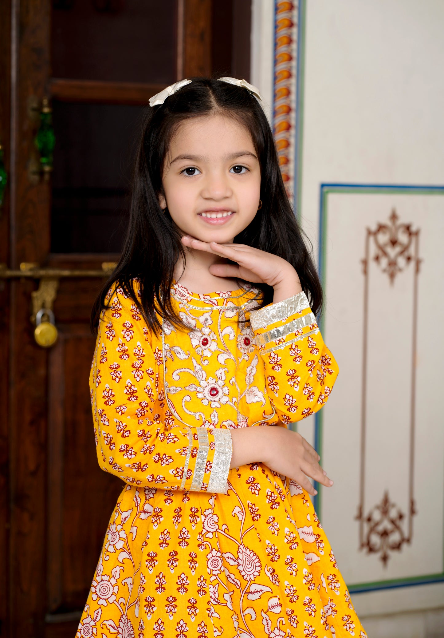 Yellow Mirror 3-pc Kurti, Sharara  & Dupatta Set for Girls