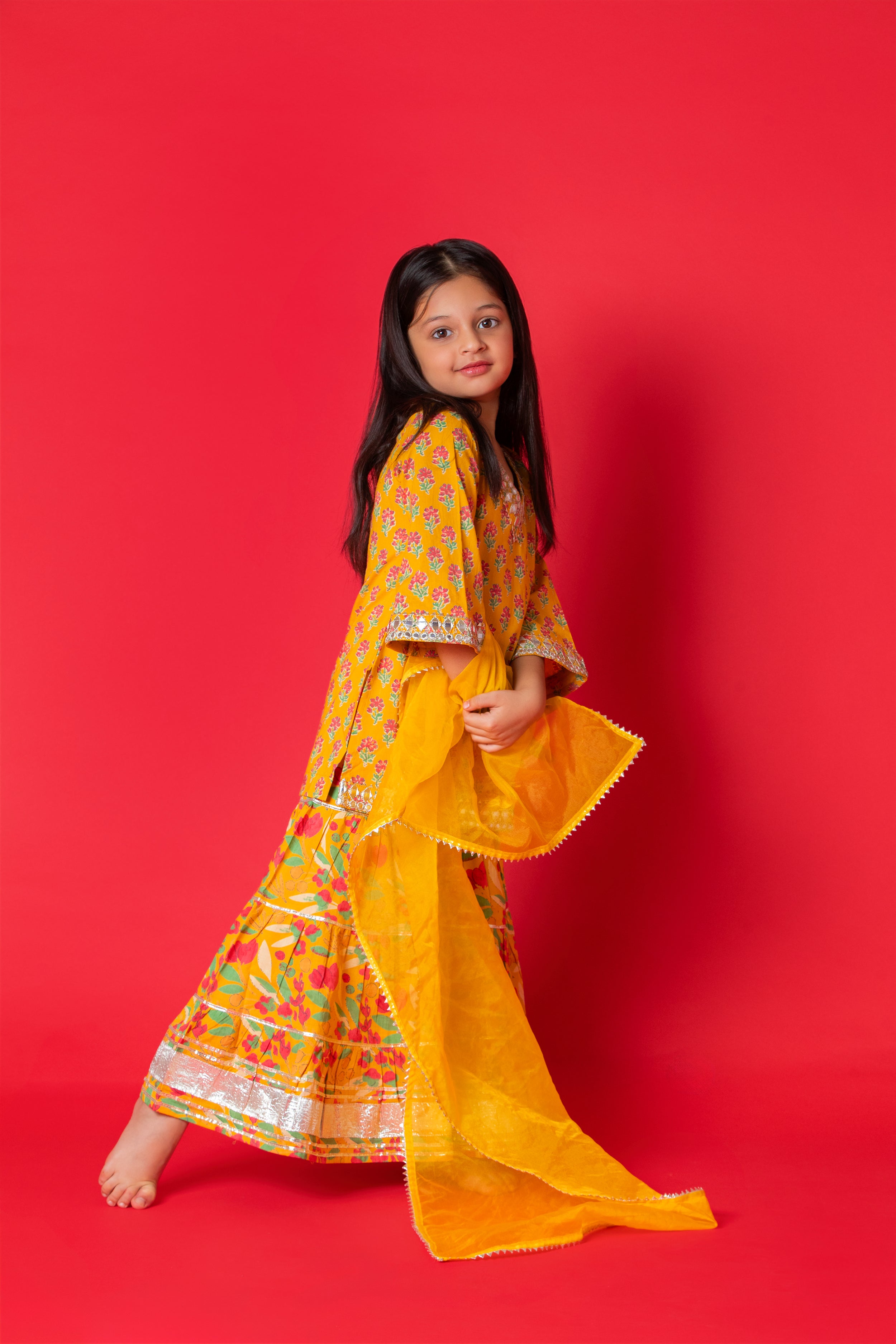 Yellow Orchid 3-pc Kurti, Sharara  & Dupatta Set for Girls