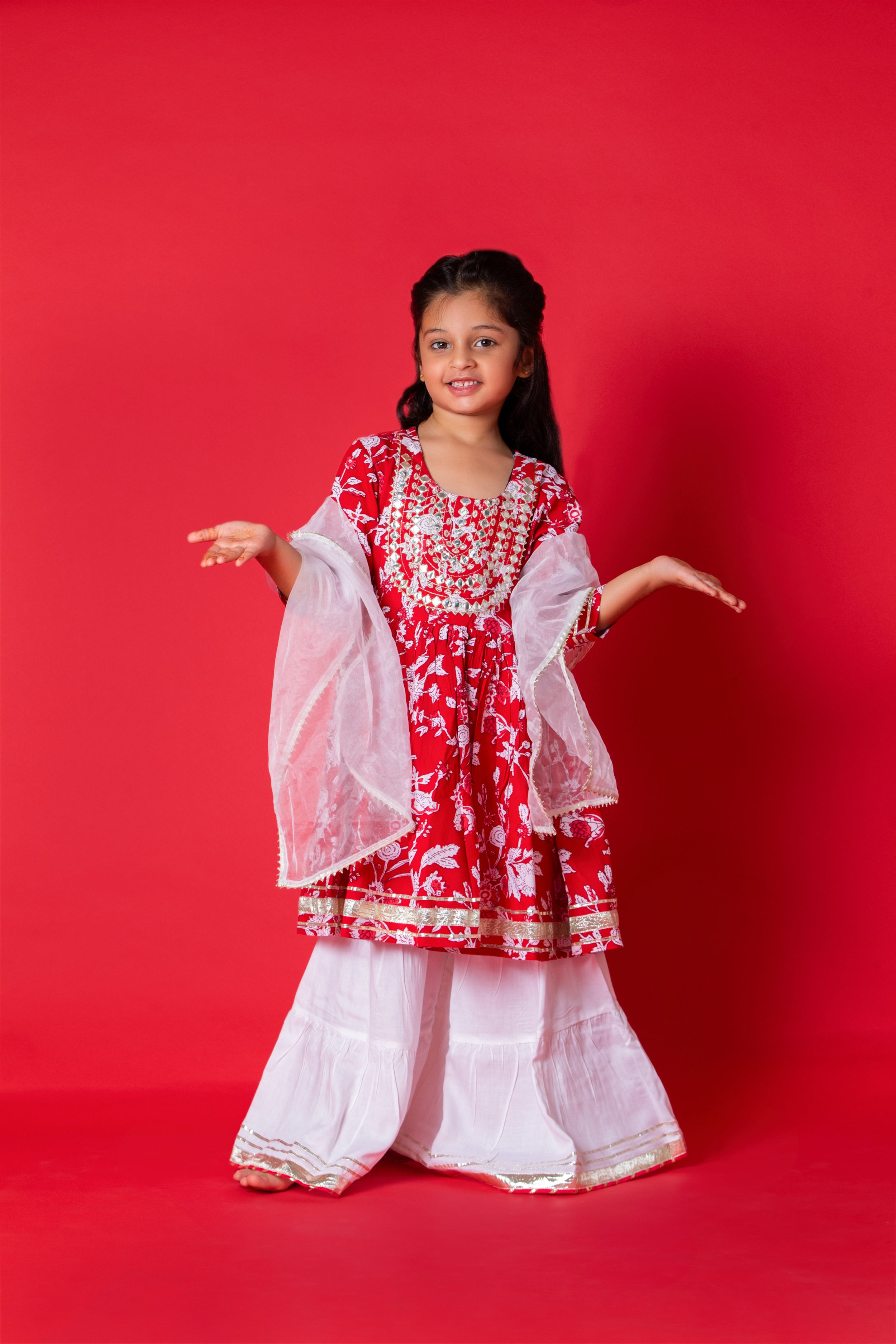 Katrina Red-White 3-pc Kurti, Sharara  & Dupatta Set for Girls