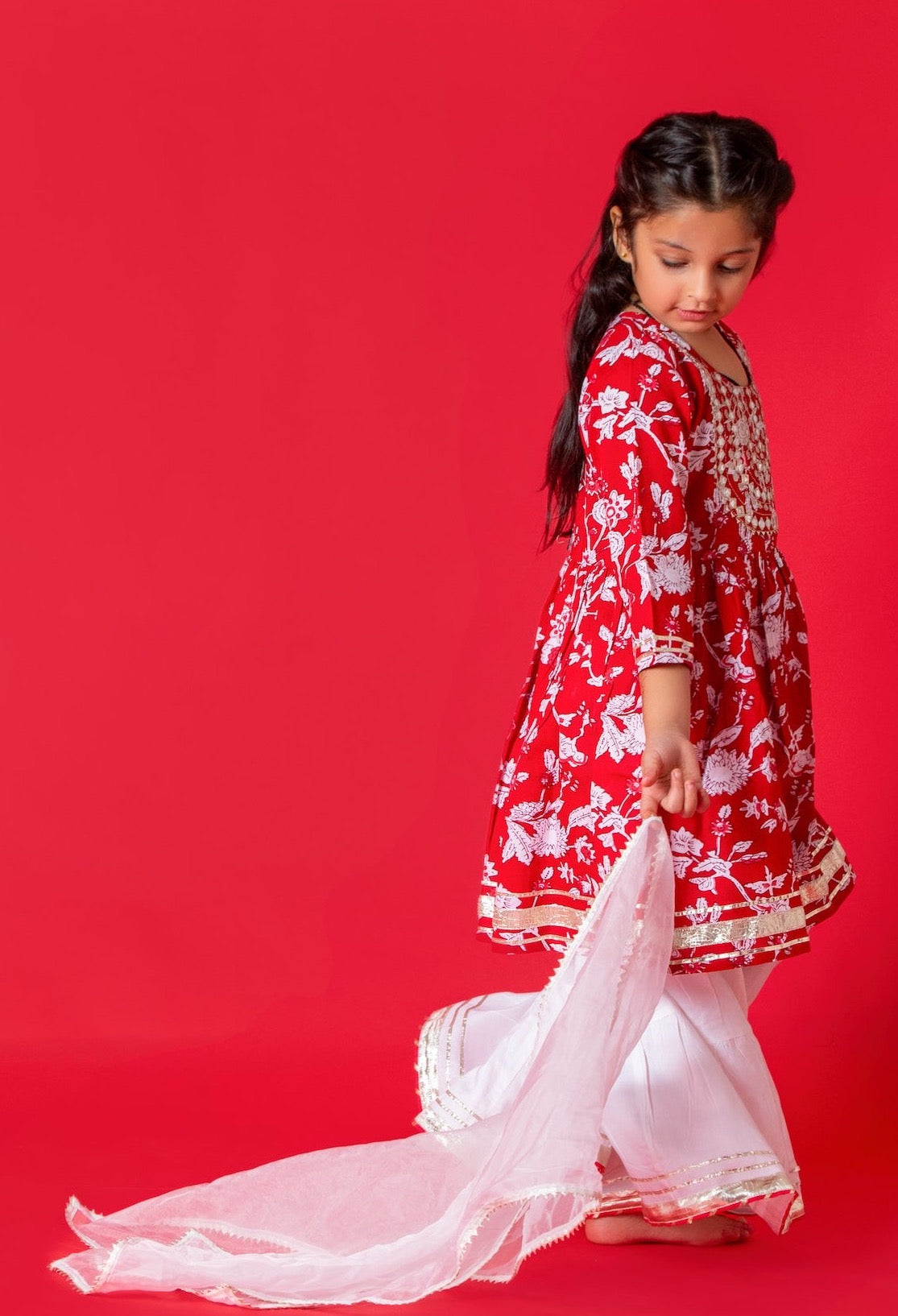 Katrina Red-White 3-pc Kurti, Sharara  & Dupatta Set for Girls