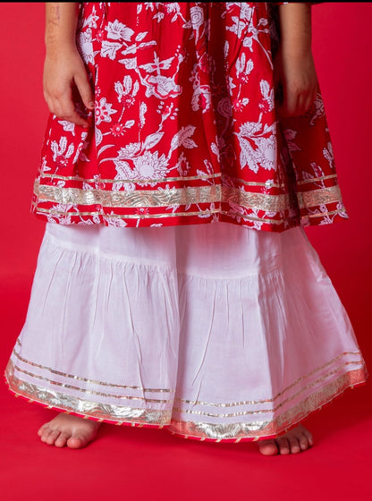 Katrina Red-White 3-pc Kurti, Sharara  & Dupatta Set for Girls