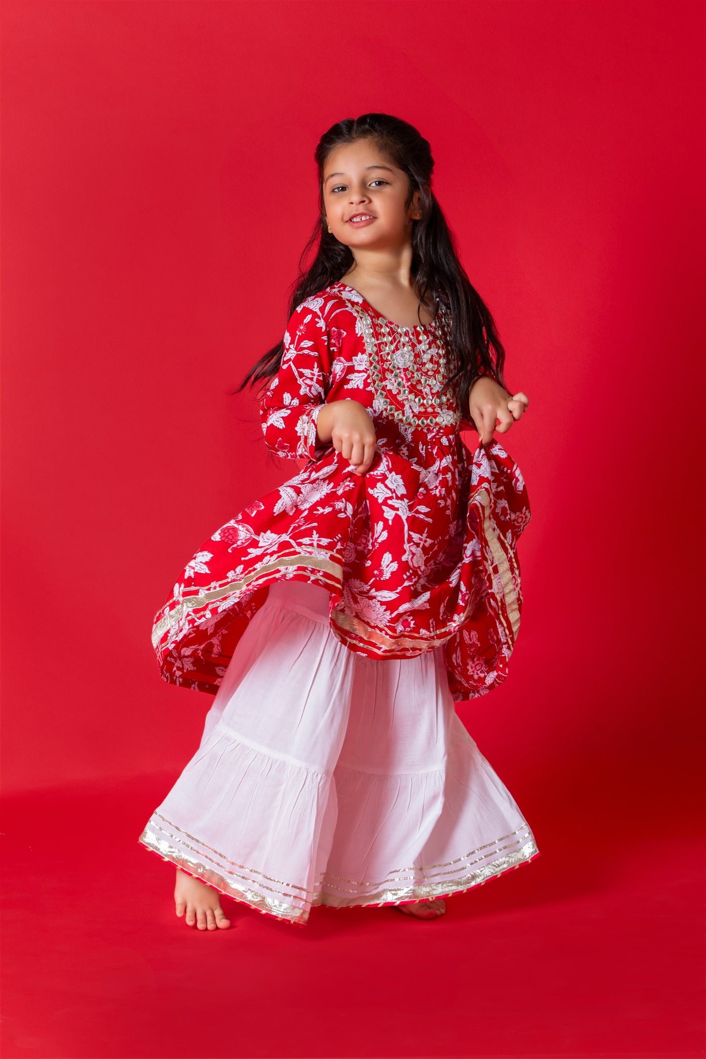 Katrina Red-White 3-pc Kurti, Sharara  & Dupatta Set for Girls