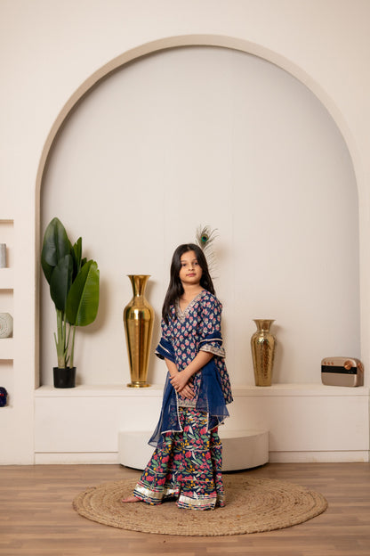 Blue Orchid 3-pc Kurti, Sharara  & Dupatta Set for Girls