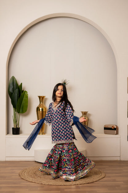 Blue Orchid 3-pc Kurti, Sharara  & Dupatta Set for Girls