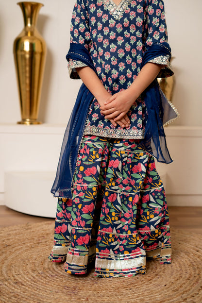 Blue Orchid 3-pc Kurti, Sharara  & Dupatta Set for Girls