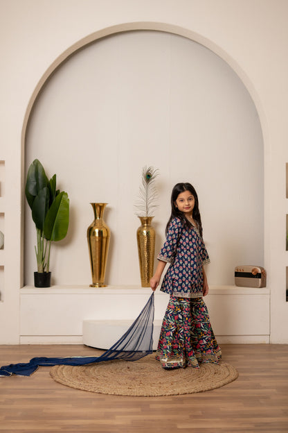 Blue Orchid 3-pc Kurti, Sharara  & Dupatta Set for Girls