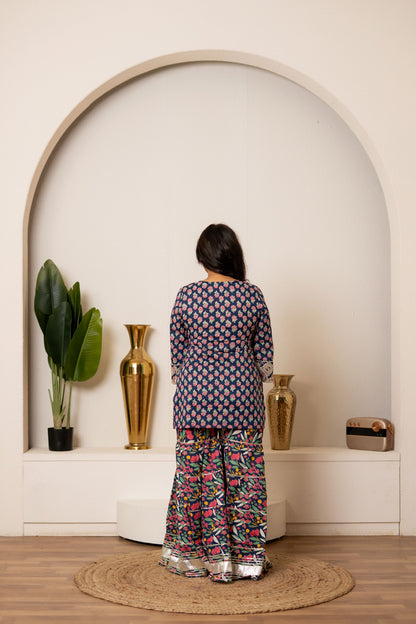 Blue Orchid Floral & Mirror Work Kurta, Sharara and Dupatta Set