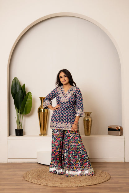 Blue Orchid Floral & Mirror Work Kurta, Sharara and Dupatta Set