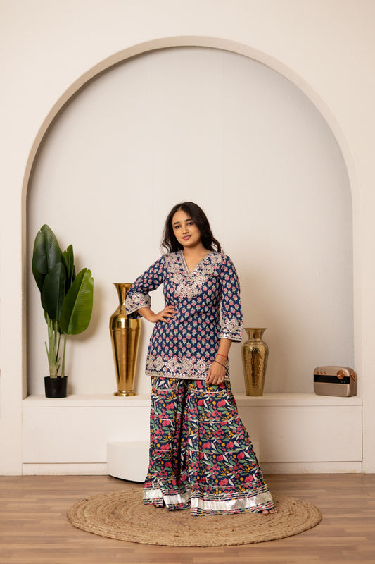 Blue Orchid Floral & Mirror Work Kurta, Sharara and Dupatta Set