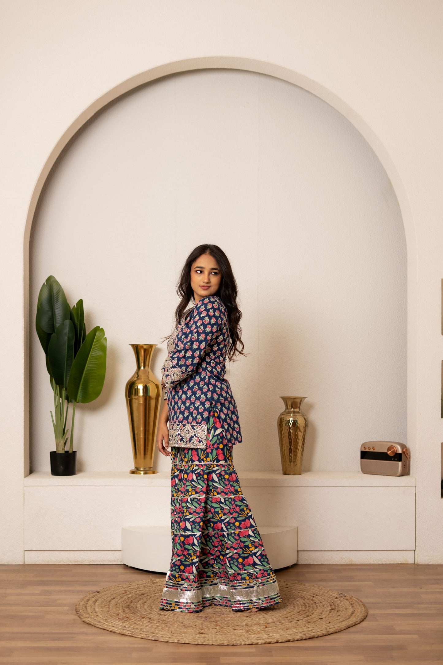 Blue Orchid Floral & Mirror Work Kurta, Sharara and Dupatta Set