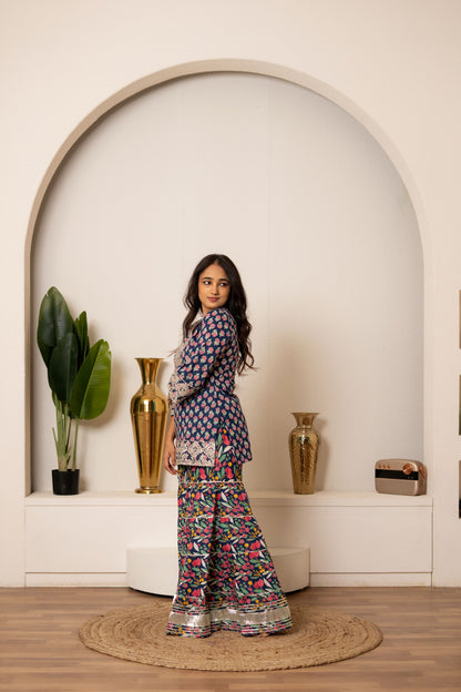 Blue Orchid Floral & Mirror Work Kurta, Sharara and Dupatta Set