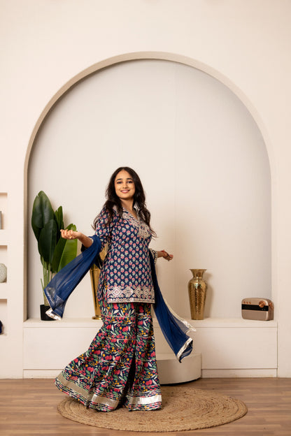 Blue Orchid Floral & Mirror Work Kurta, Sharara and Dupatta Set