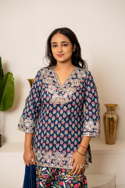 Blue Orchid Floral & Mirror Work Kurta, Sharara and Dupatta Set