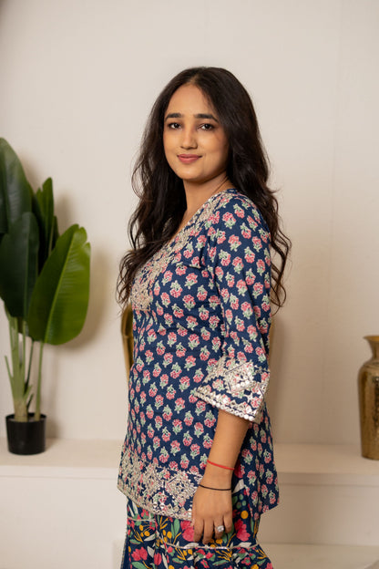 Blue Orchid Floral & Mirror Work Kurta, Sharara and Dupatta Set