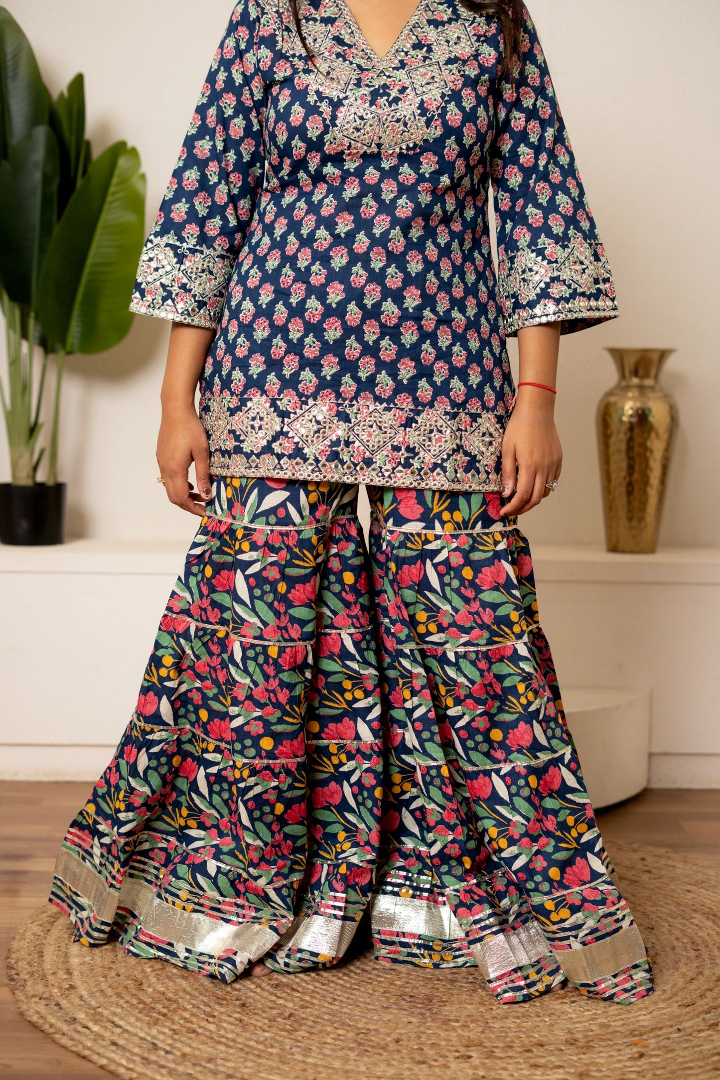 Blue Orchid Floral & Mirror Work Kurta, Sharara and Dupatta Set