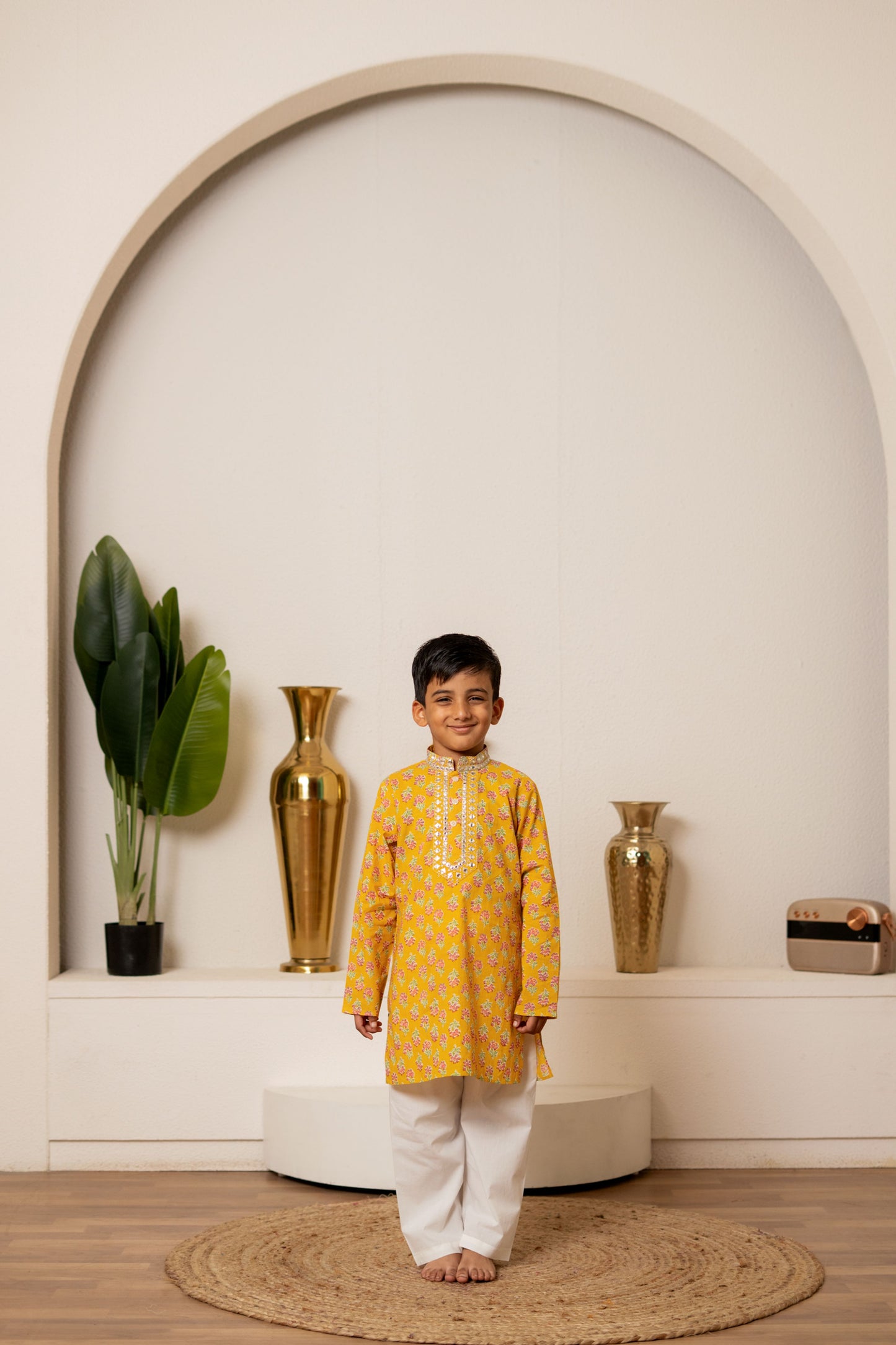 Yellow Orchid Kurta Set For Boy's