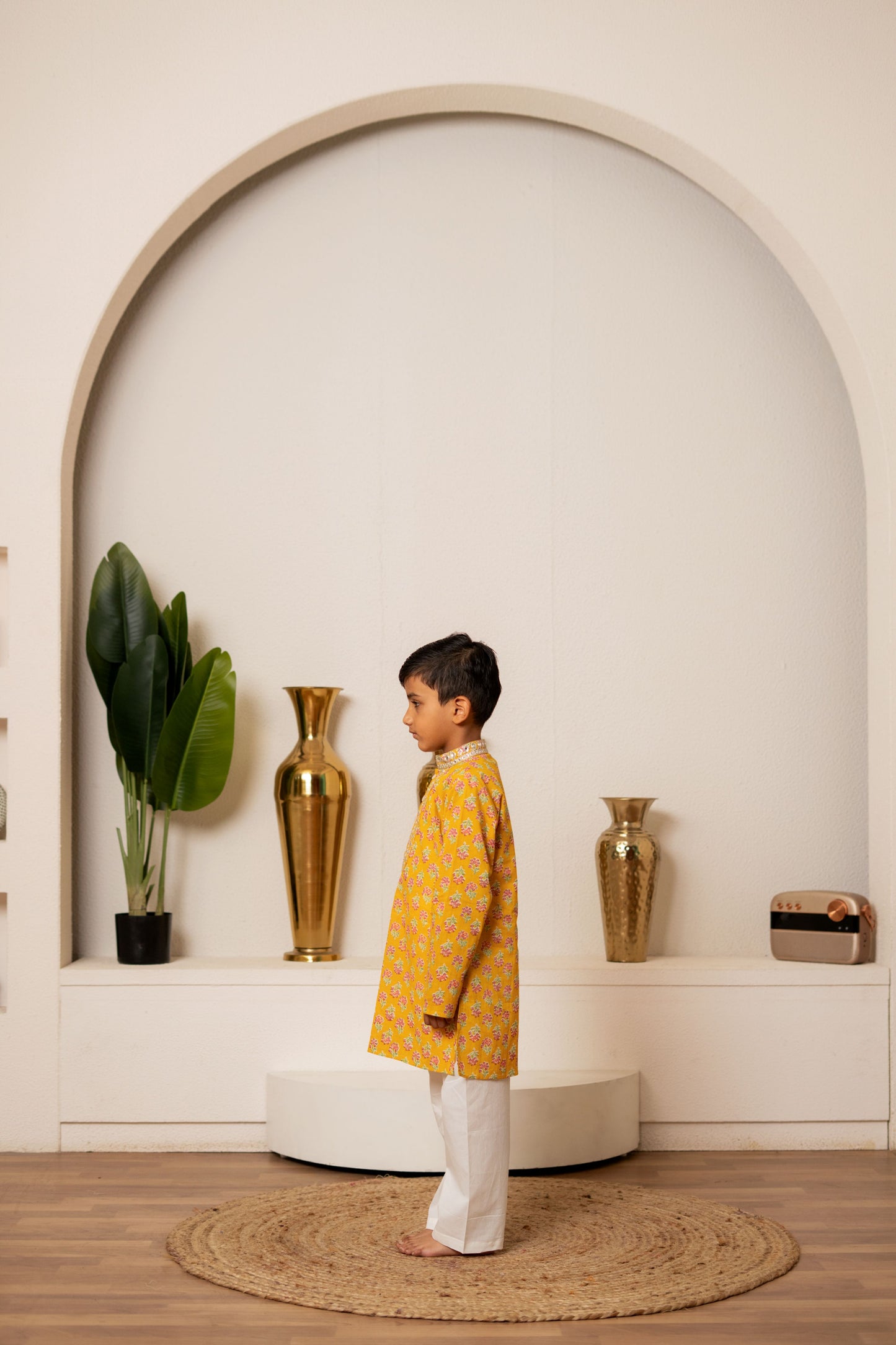 Yellow Orchid Kurta Set For Boy's