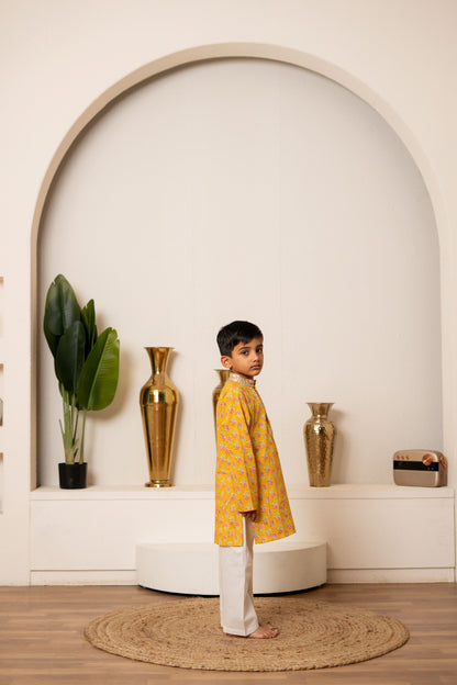 Yellow Orchid Kurta Set For Boy's