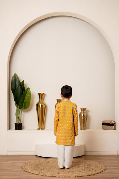 Yellow Orchid Kurta Set For Boy's