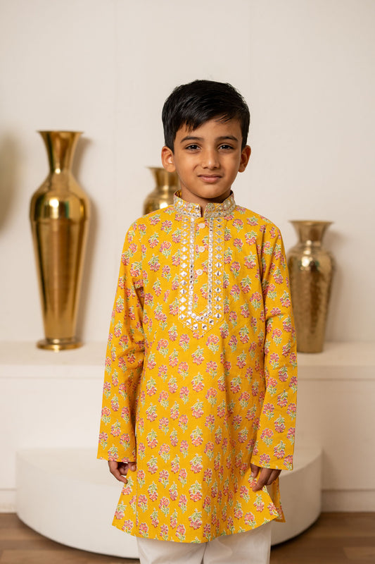 Yellow Orchid Kurta Set For Boy's