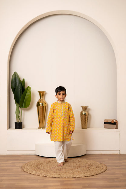 Yellow Orchid Kurta Set For Boy's