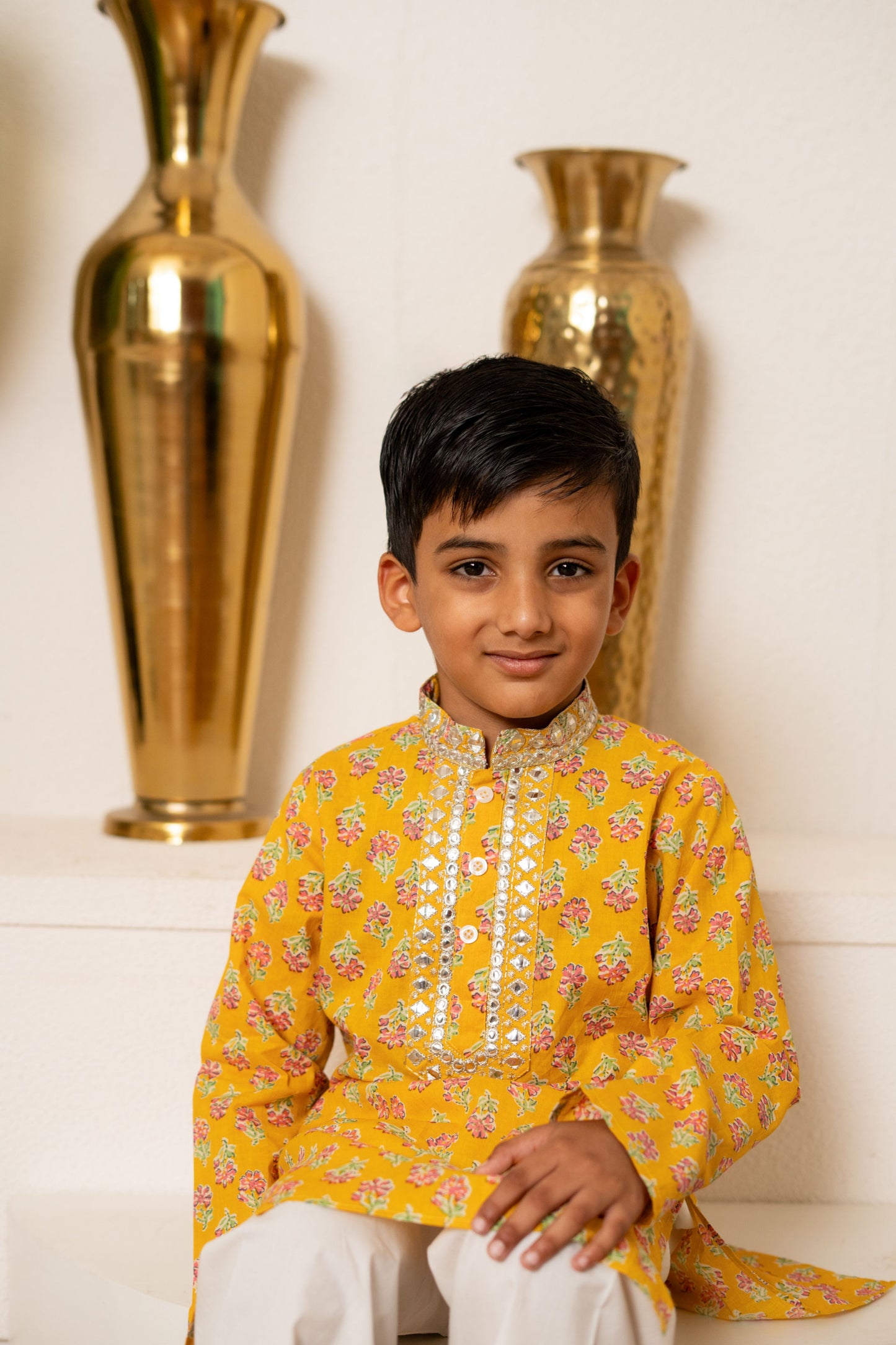 Yellow Orchid Kurta Set For Boy's