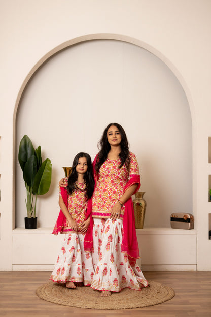 Pink Daisy Jaipuri Sharara Set - Twinning in Pink