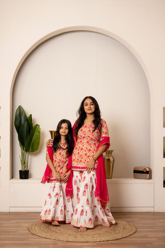 Pink Daisy Jaipuri Sharara Set - Twinning in Pink