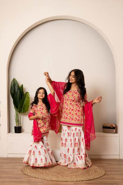 Pink Daisy Jaipuri Sharara Set - Twinning in Pink