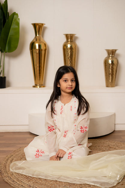 Off-White Mul Chanderi Set For Girls