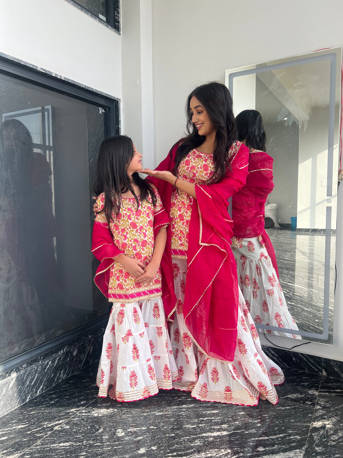 Pink Daisy Jaipuri Sharara Set - Twinning in Pink