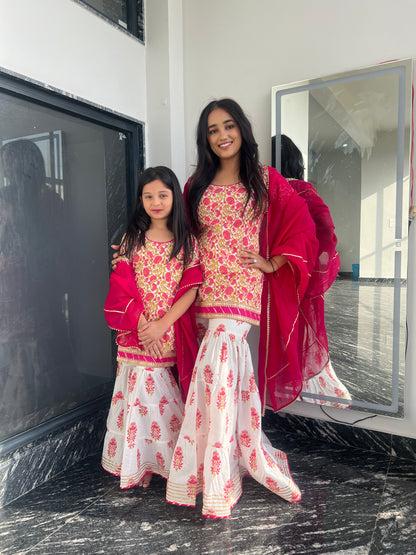 Pink Daisy Jaipuri Sharara Set - Twinning in Pink