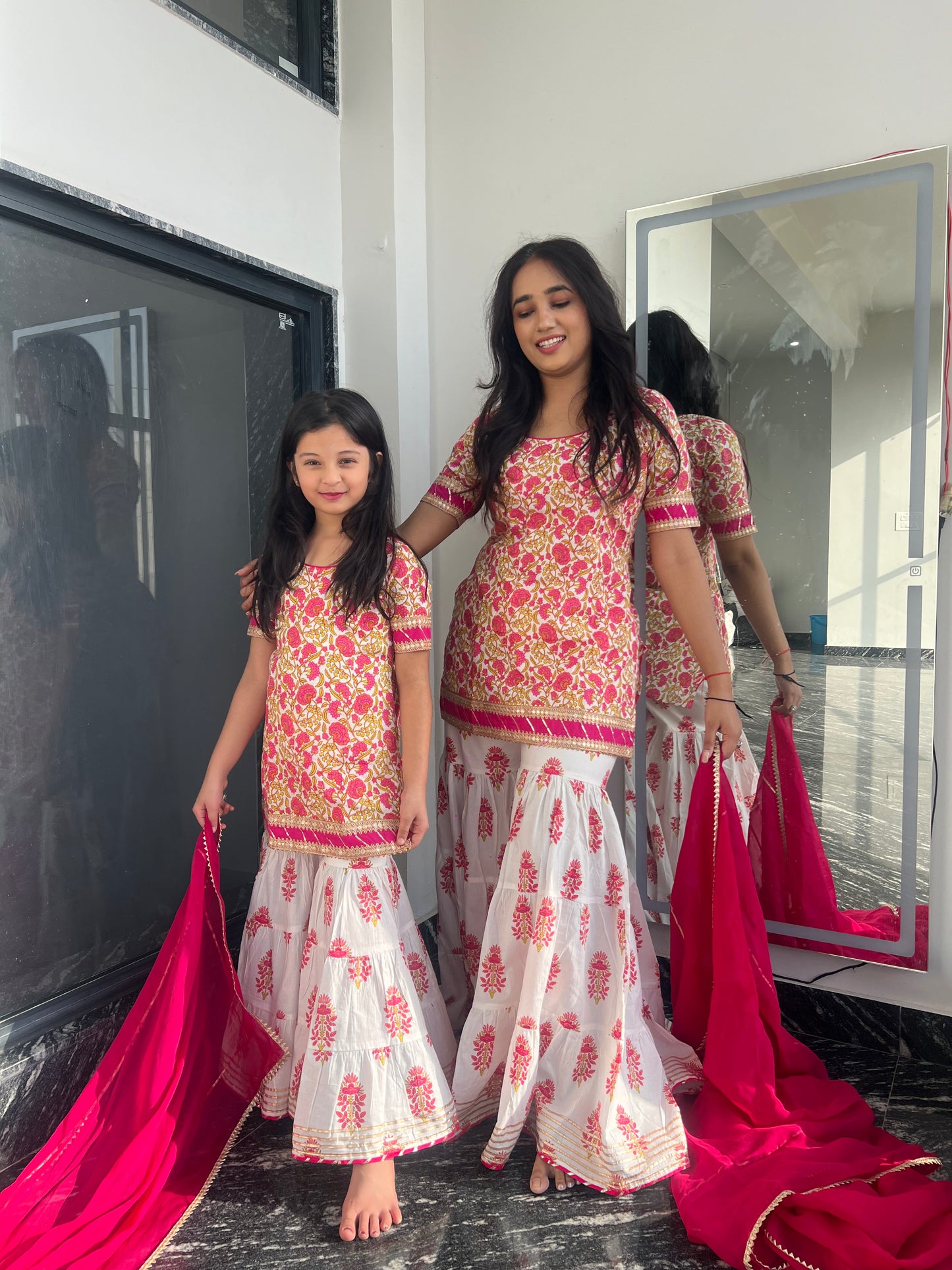 Pink Daisy Jaipuri Sharara Set - Twinning in Pink