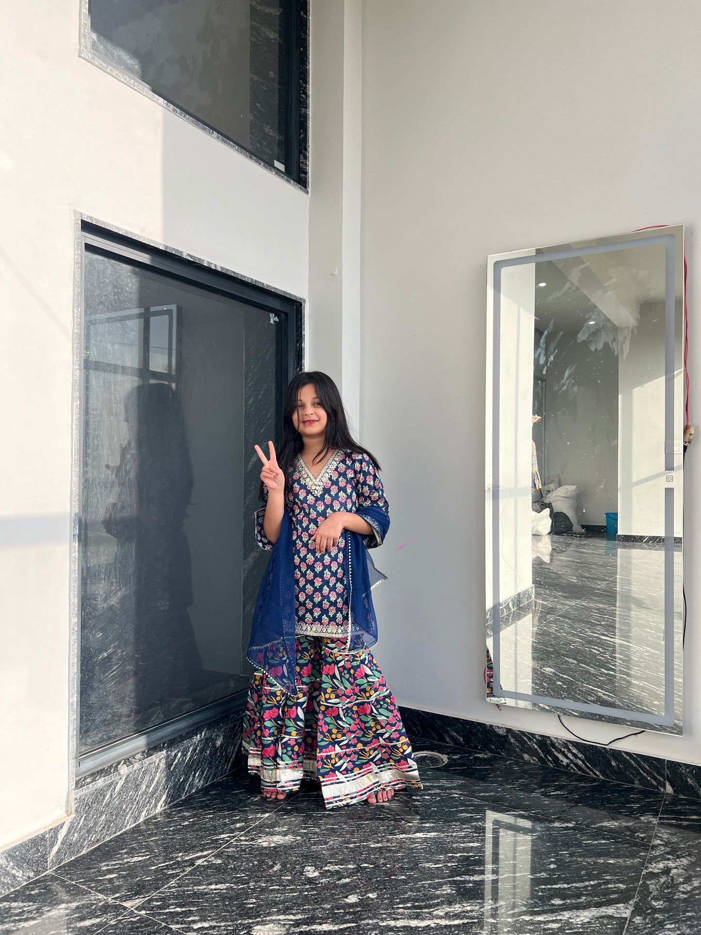 Blue Orchid 3-pc Kurti, Sharara  & Dupatta Set for Girls