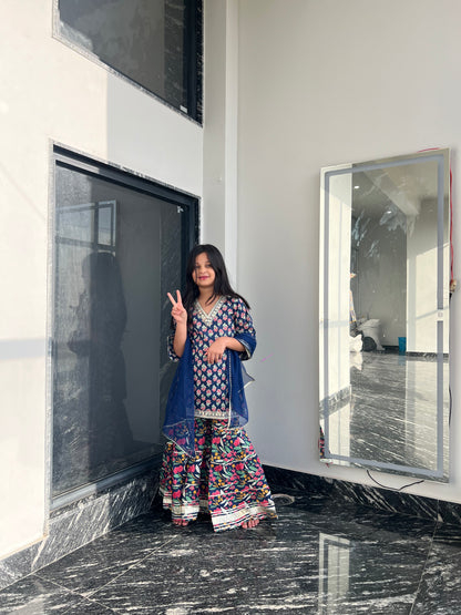 Blue Orchid 3-pc Kurti, Sharara  & Dupatta Set for Girls